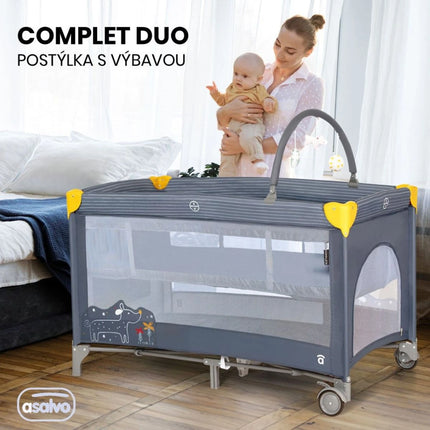 Asalvo Łóżeczko turystyczne Complet duo hedgehog, drugie dno, pałąk do zabawek