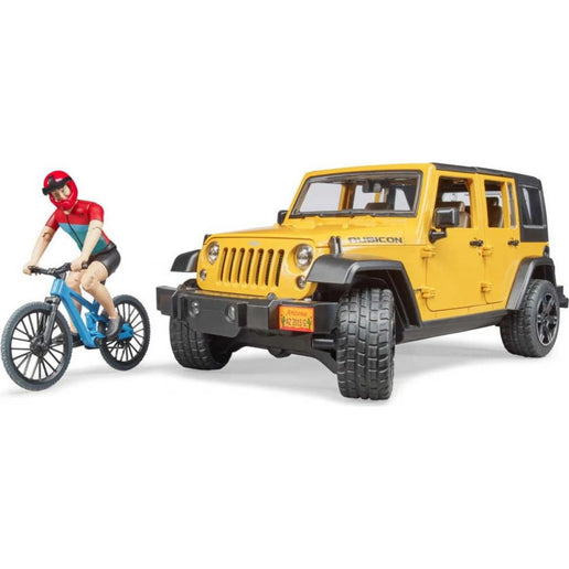 Bruder 2543 Jeep Wrangler Rubicon z rowerem górskim i rowerzystą 1:16