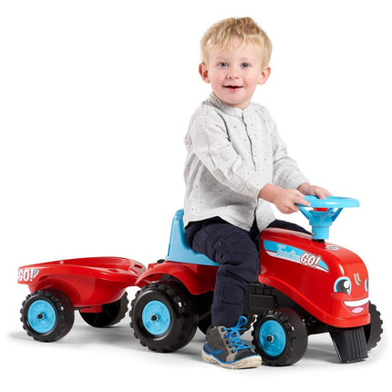 FALK Jeździk traktor Go Farm czerwony z kierownicą i przyczepą platformową